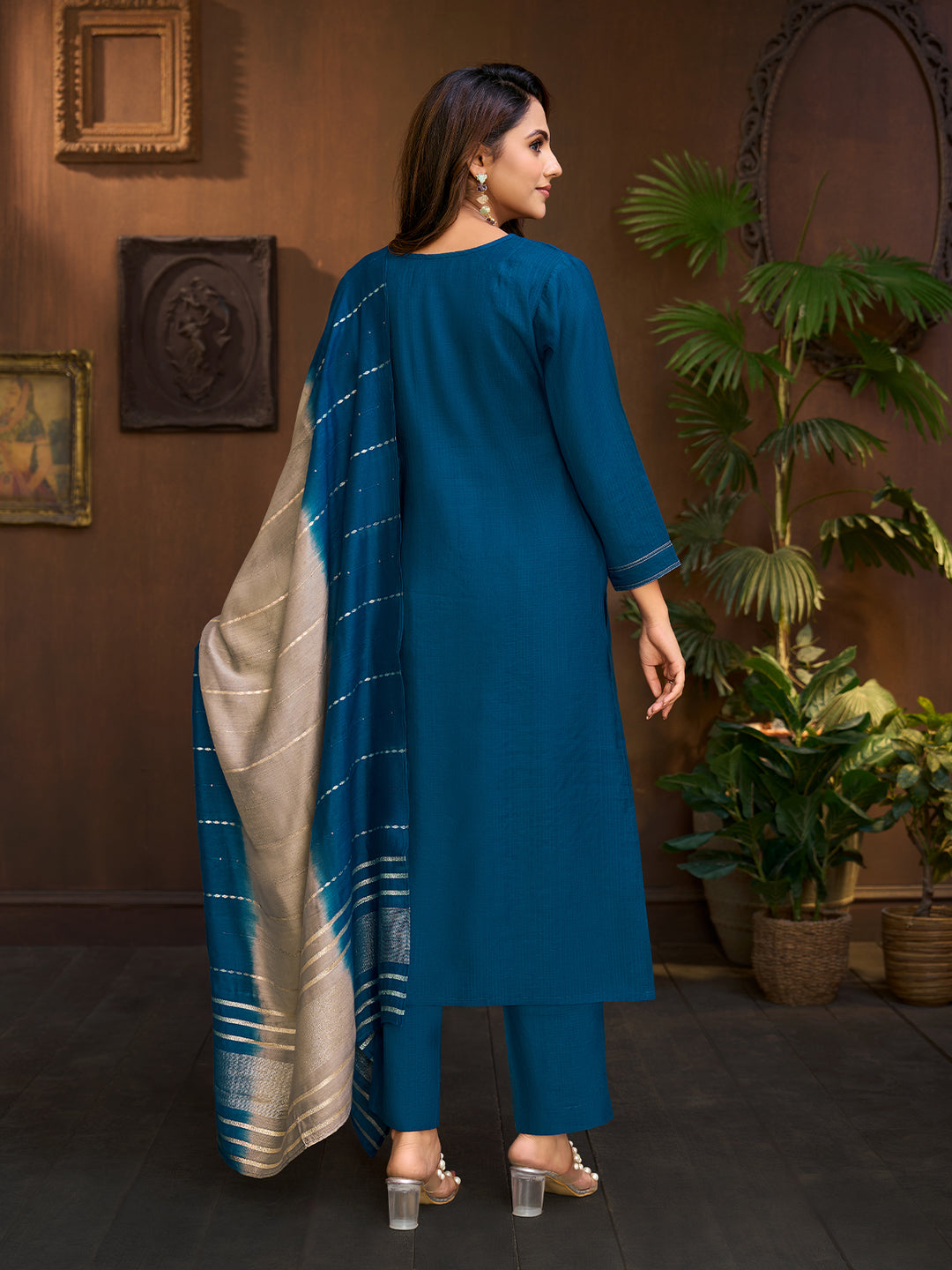 Deep Blue Embroidered Suit Set with Dupatta