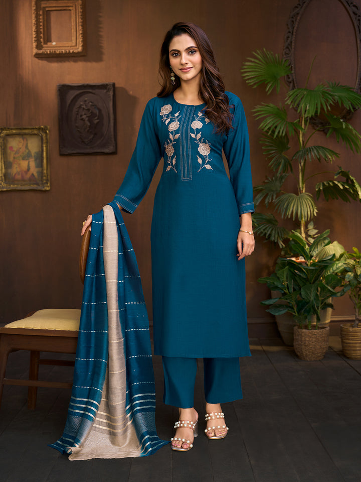 Deep Blue Embroidered Suit Set with Dupatta