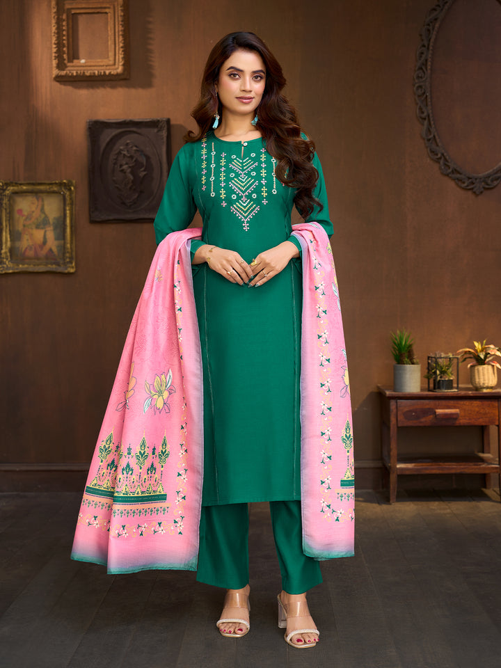 Teal Green Embroidered Suit Set with Dupatta