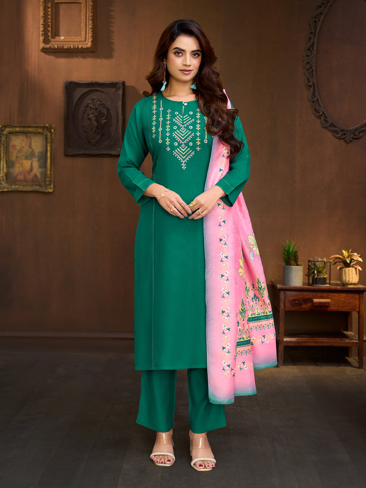 Teal Green Embroidered Suit Set with Dupatta