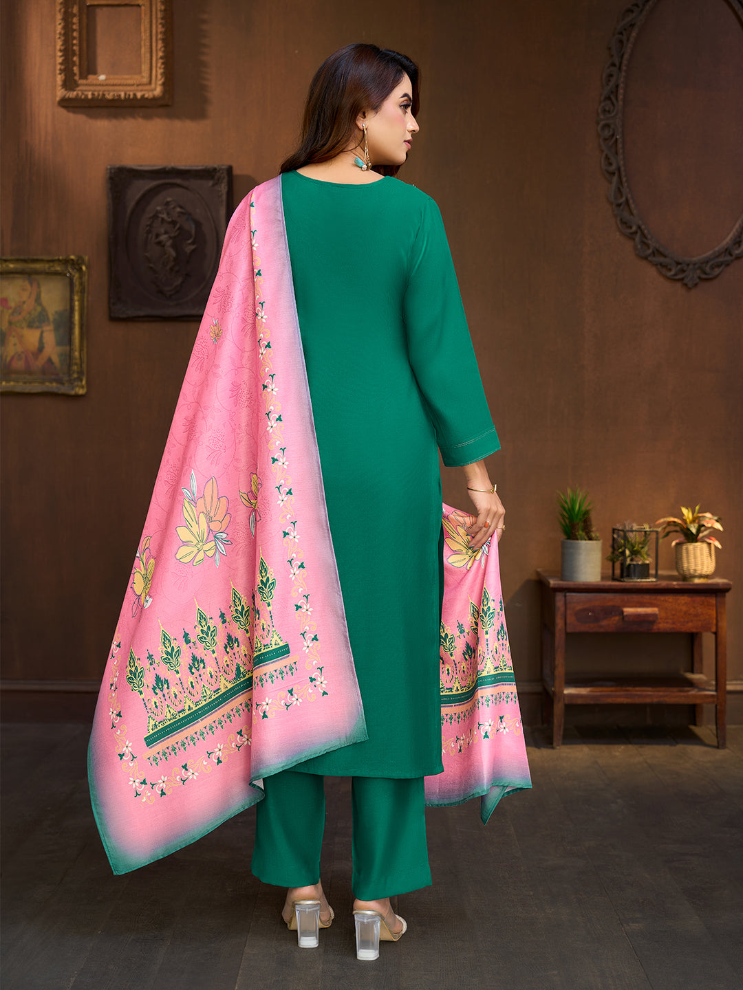 Teal Green Embroidered Suit Set with Dupatta