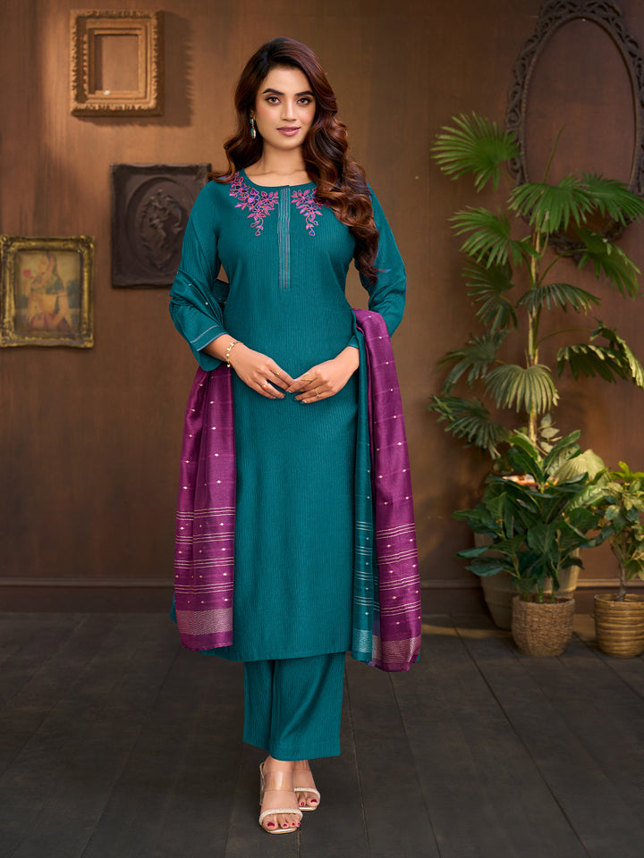 Teal Embroidered Suit Set with Dupatta