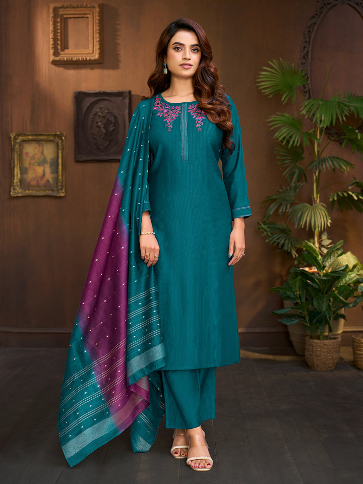 Teal Embroidered Suit Set with Dupatta