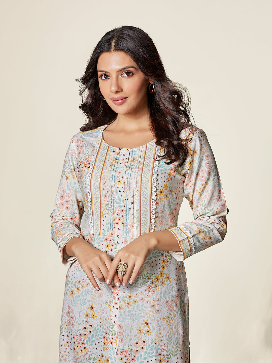 Cream Floral Cotton Kurti