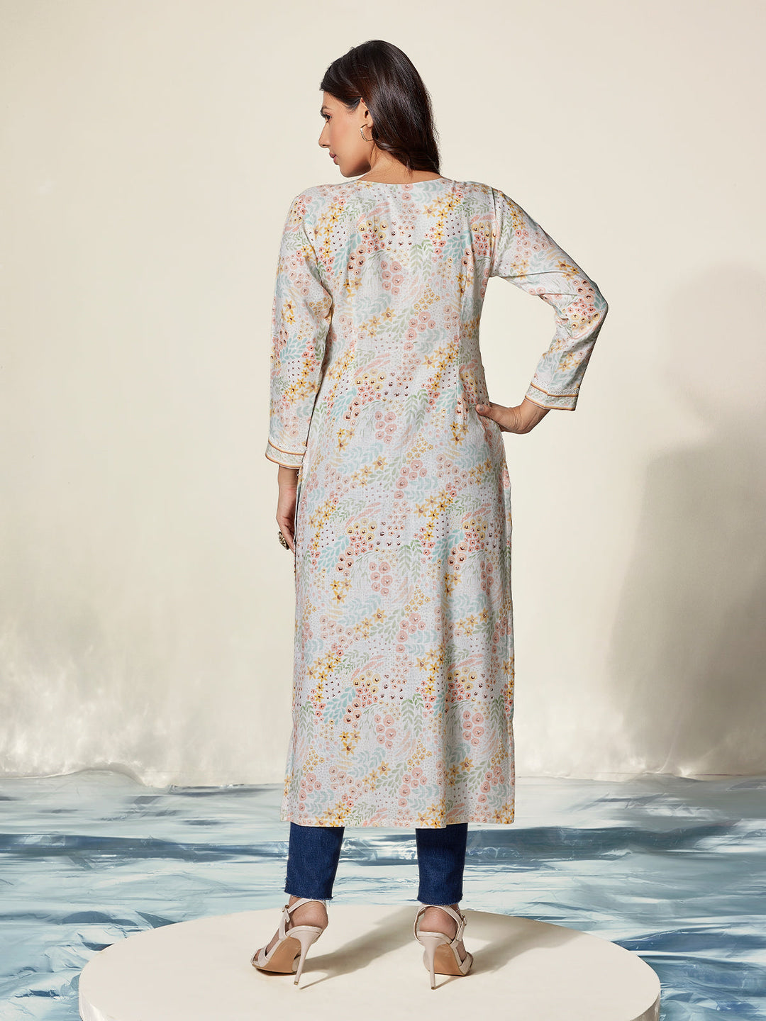 Cream Floral Cotton Kurti