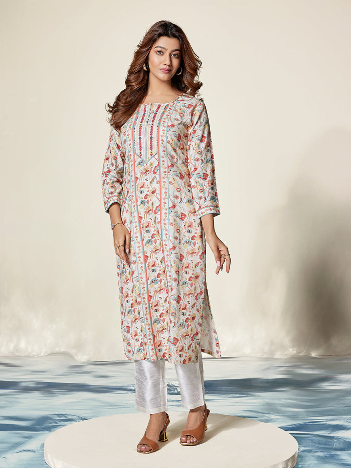 Cream Floral Cotton Kurti