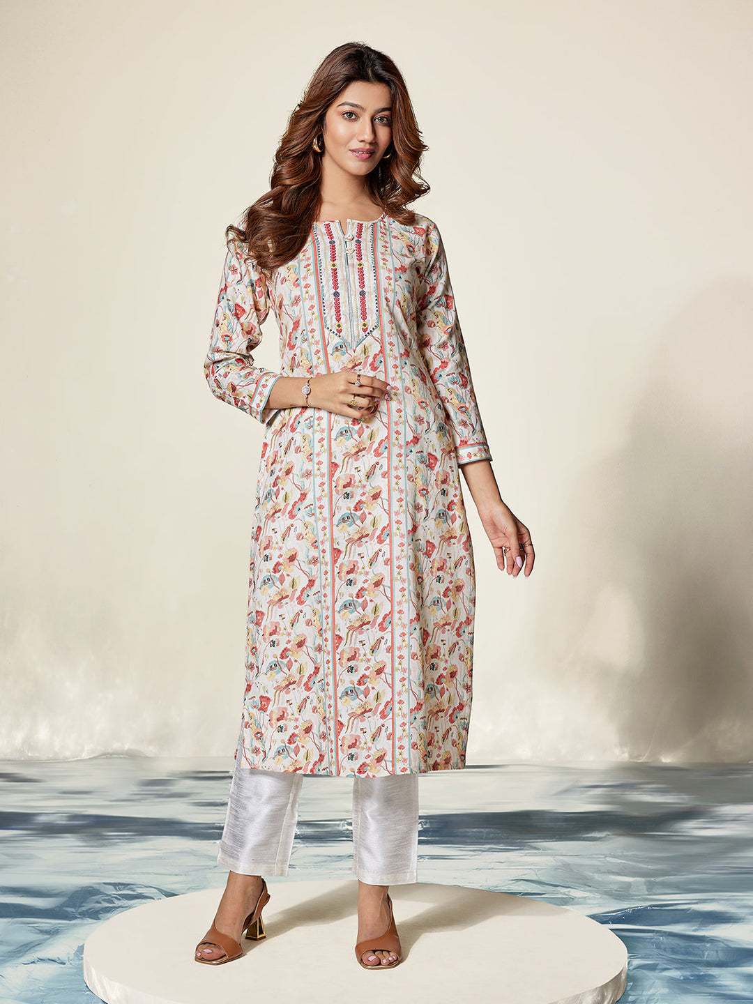 Cream Floral Cotton Kurti