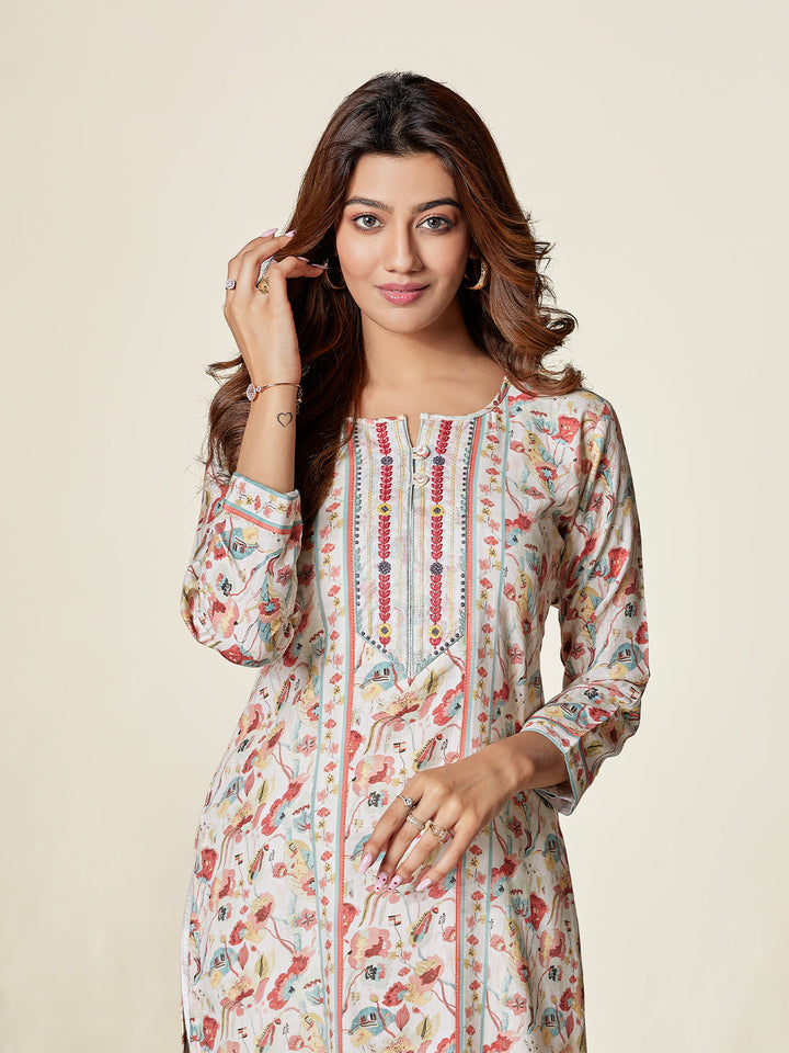 Cream Floral Cotton Kurti