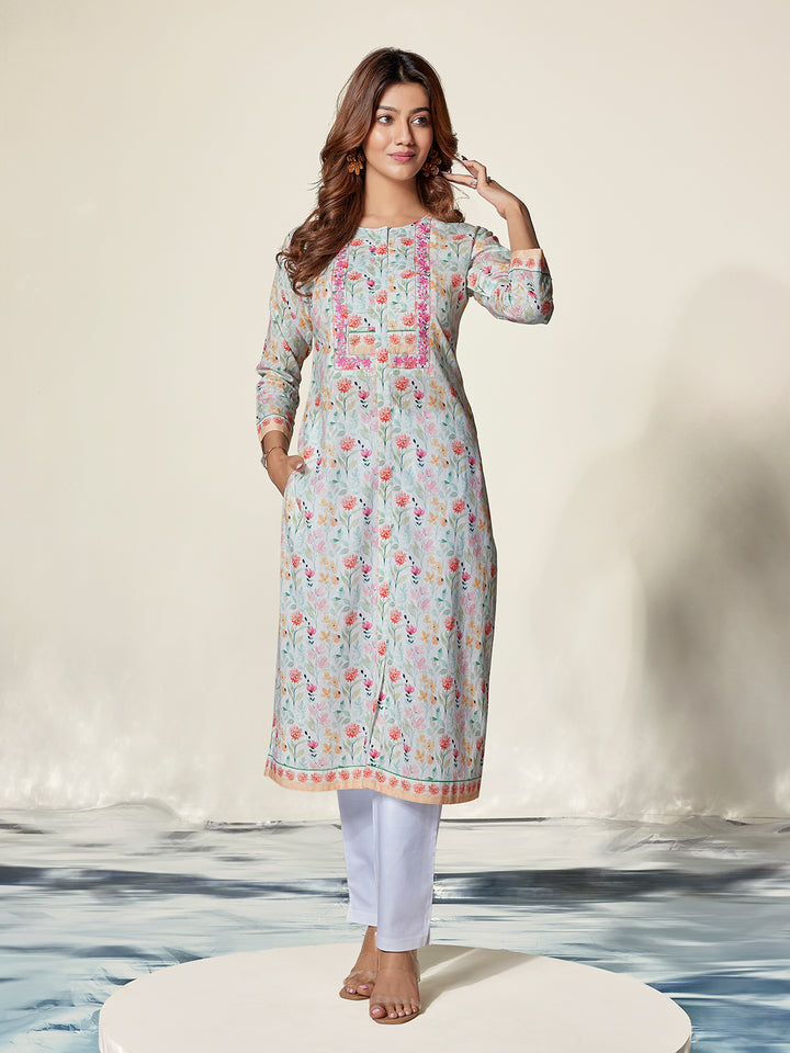 Ivory Floral Pastel Cotton Kurti