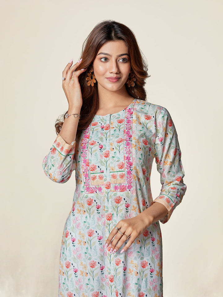 Ivory Floral Pastel Cotton Kurti