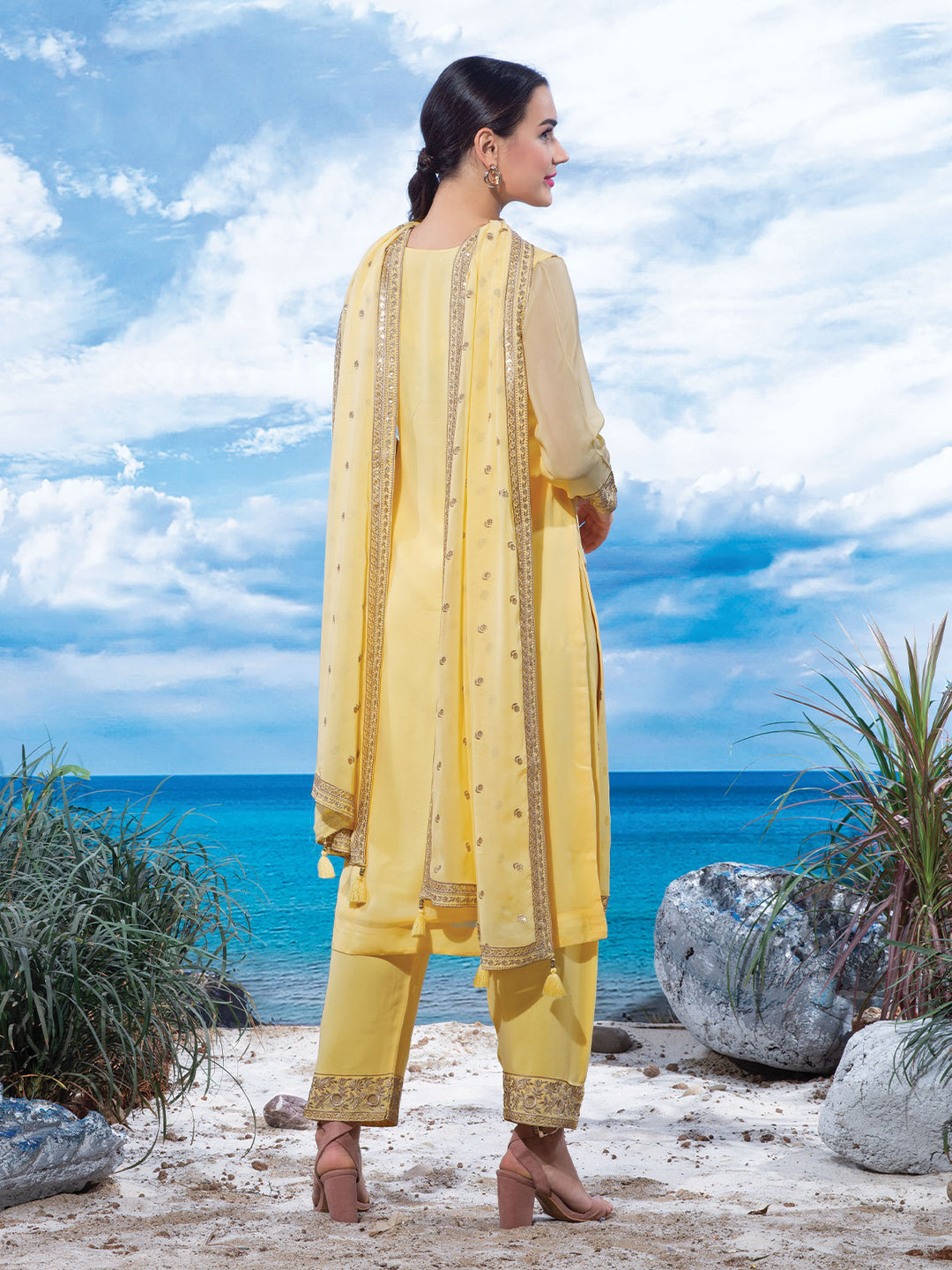 Georgette Embroidered Kurta Set - Yellow