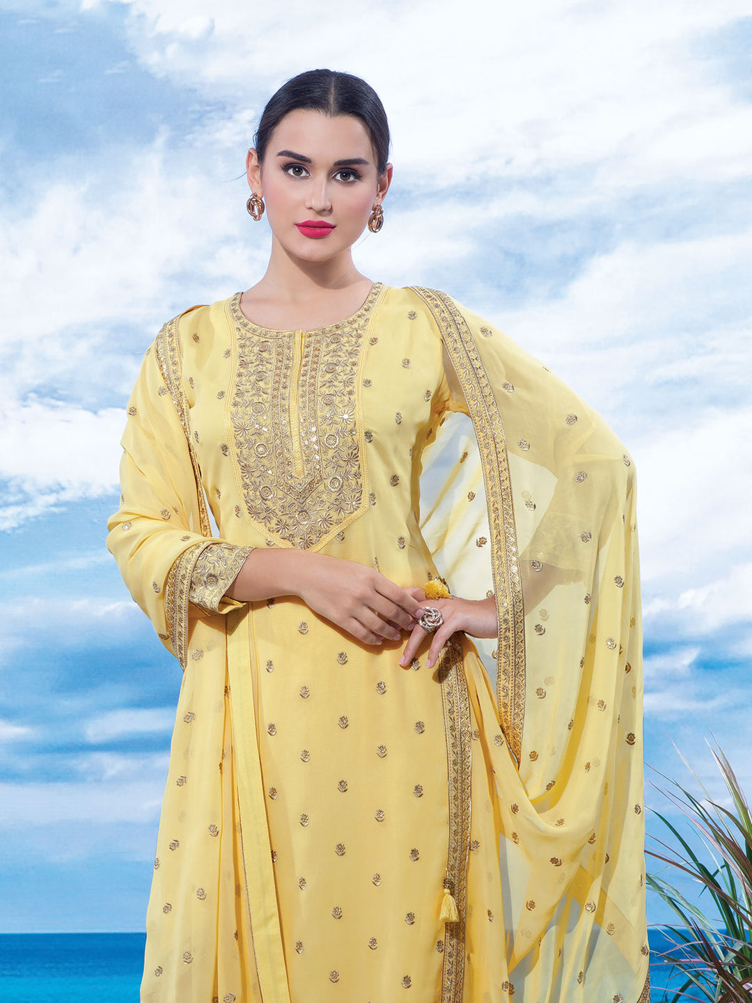 Georgette Embroidered Kurta Set - Yellow
