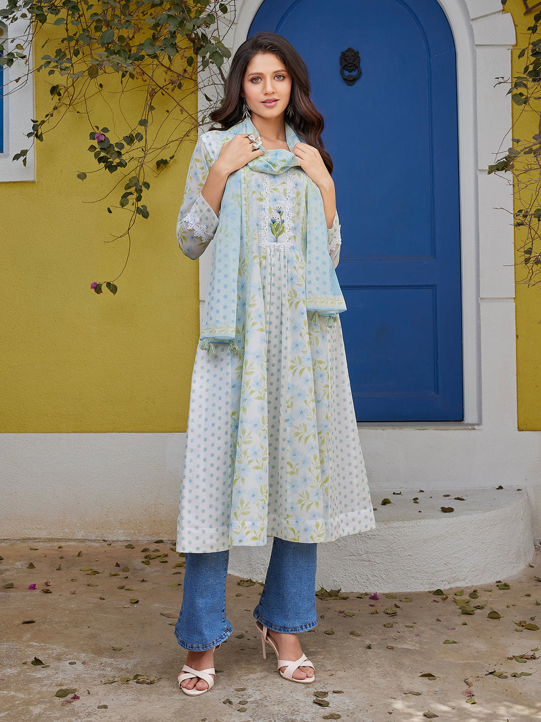 Pastel Blue Floral Cotton Midi-Dress