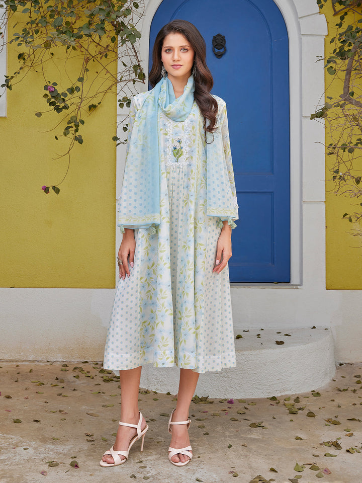 Pastel Blue Floral Cotton Midi-Dress