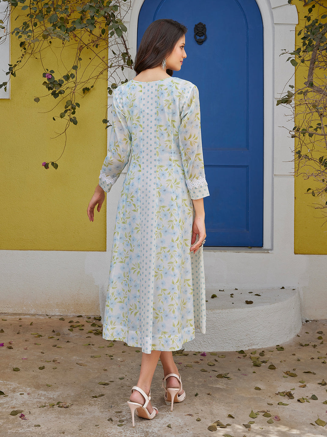 Pastel Blue Floral Cotton Midi-Dress