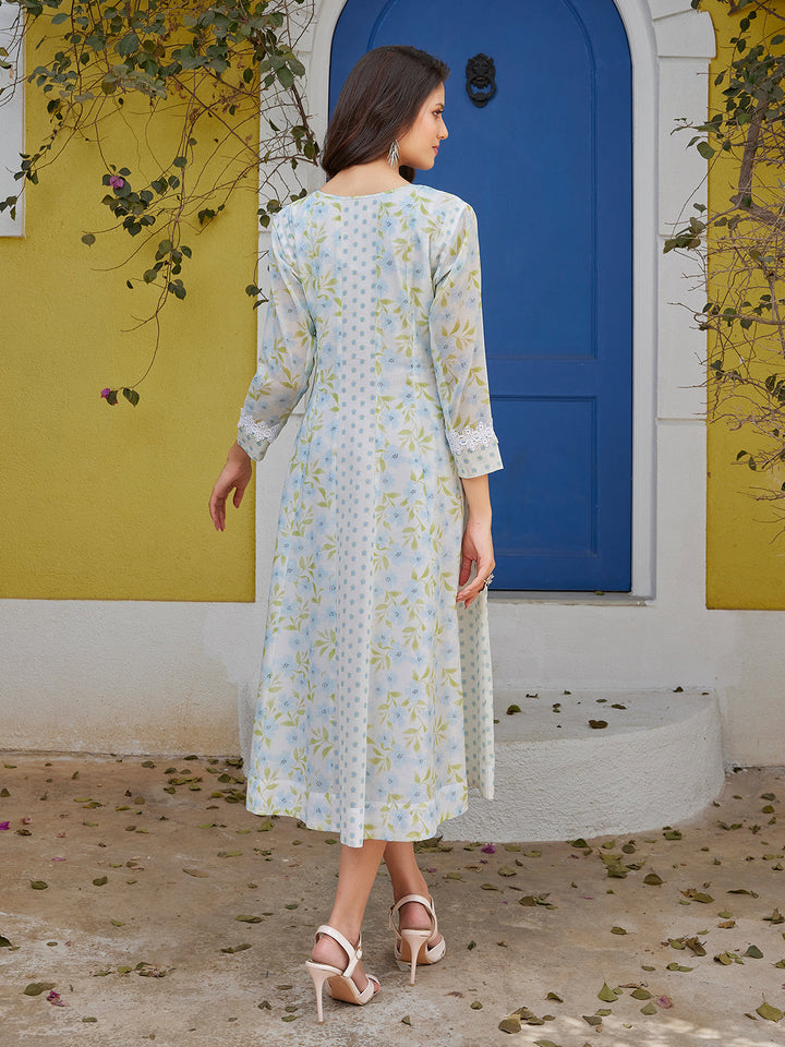 Pastel Blue Floral Cotton Midi-Dress
