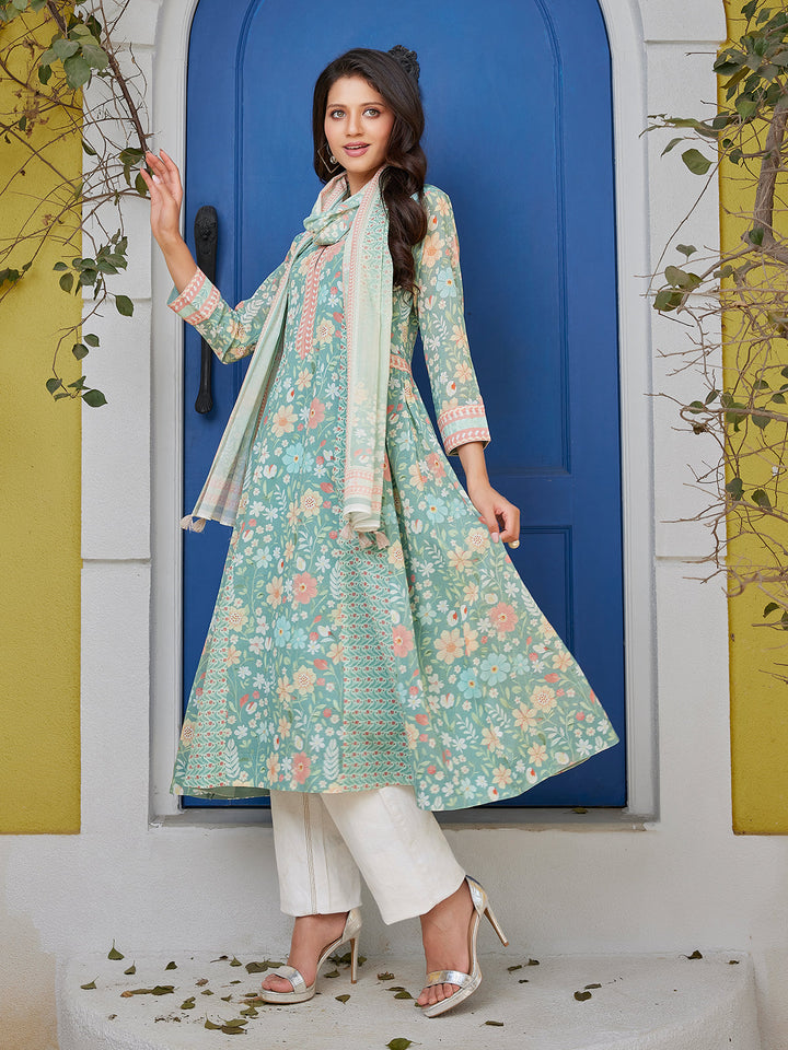 Mint Green Floral Cotton Midi-Dress
