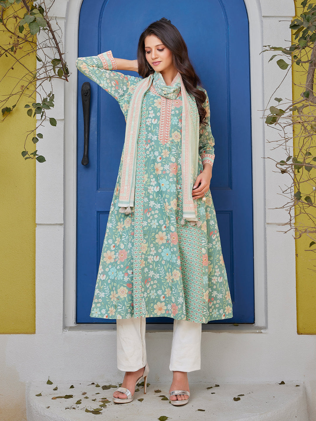 Mint Green Floral Cotton Midi-Dress