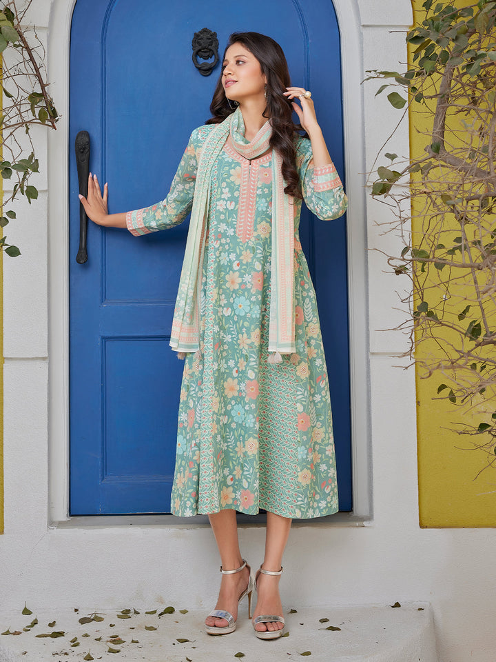 Mint Green Floral Cotton Midi-Dress