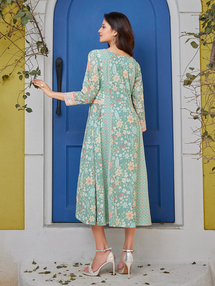 Mint Green Floral Cotton Midi-Dress