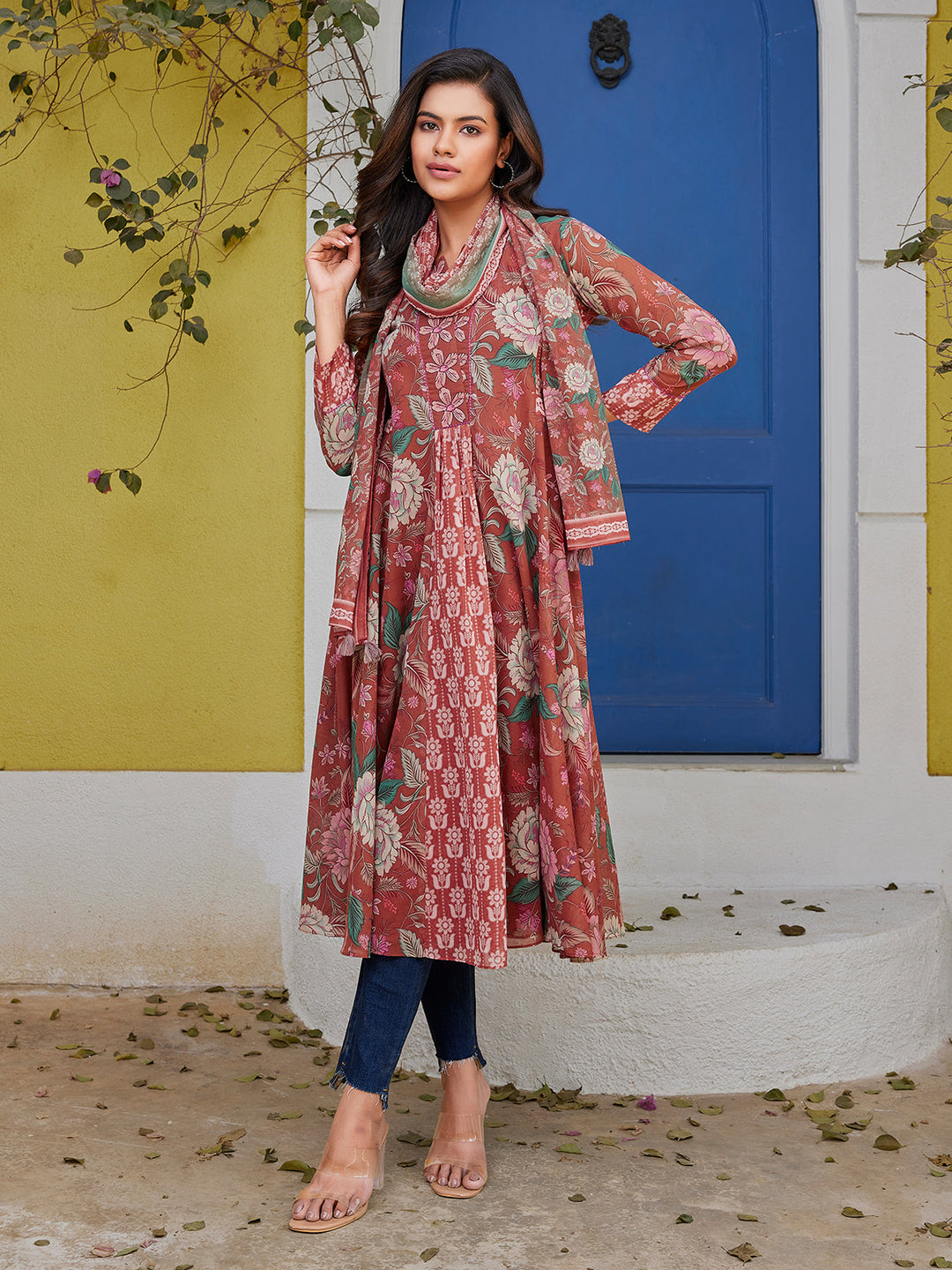 Rust Floral Cotton Midi-Dress