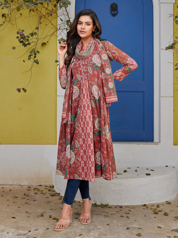 Rust Floral Cotton Midi-Dress
