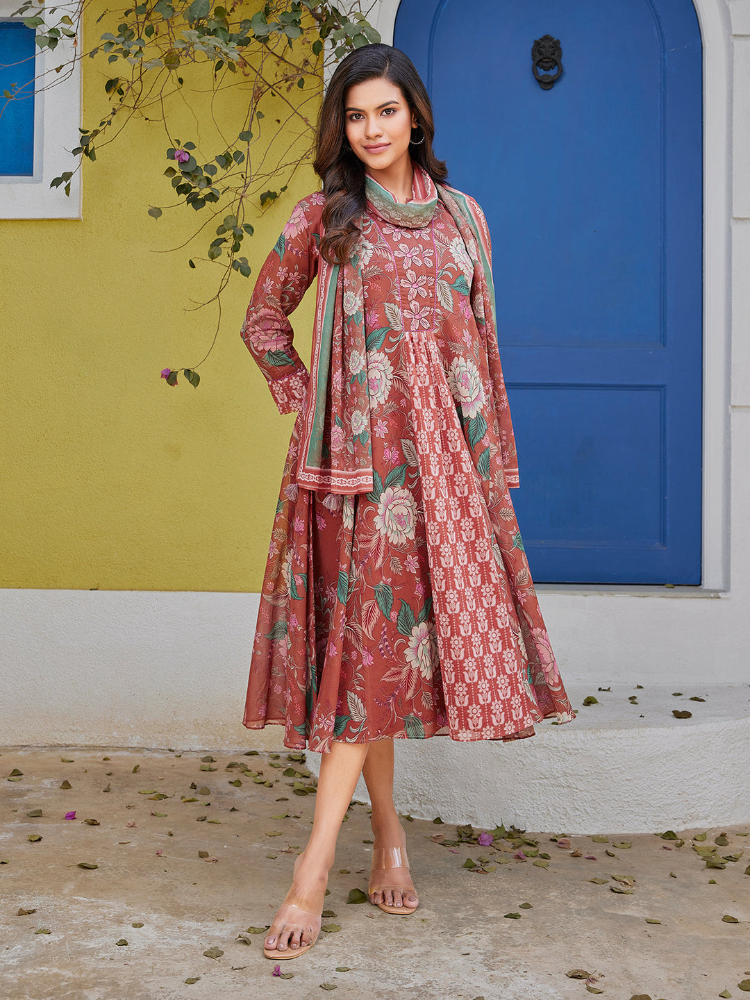 Rust Floral Cotton Midi-Dress Dressline Fashion Rust Floral Cotton Midi-Dress Dressline Fashion