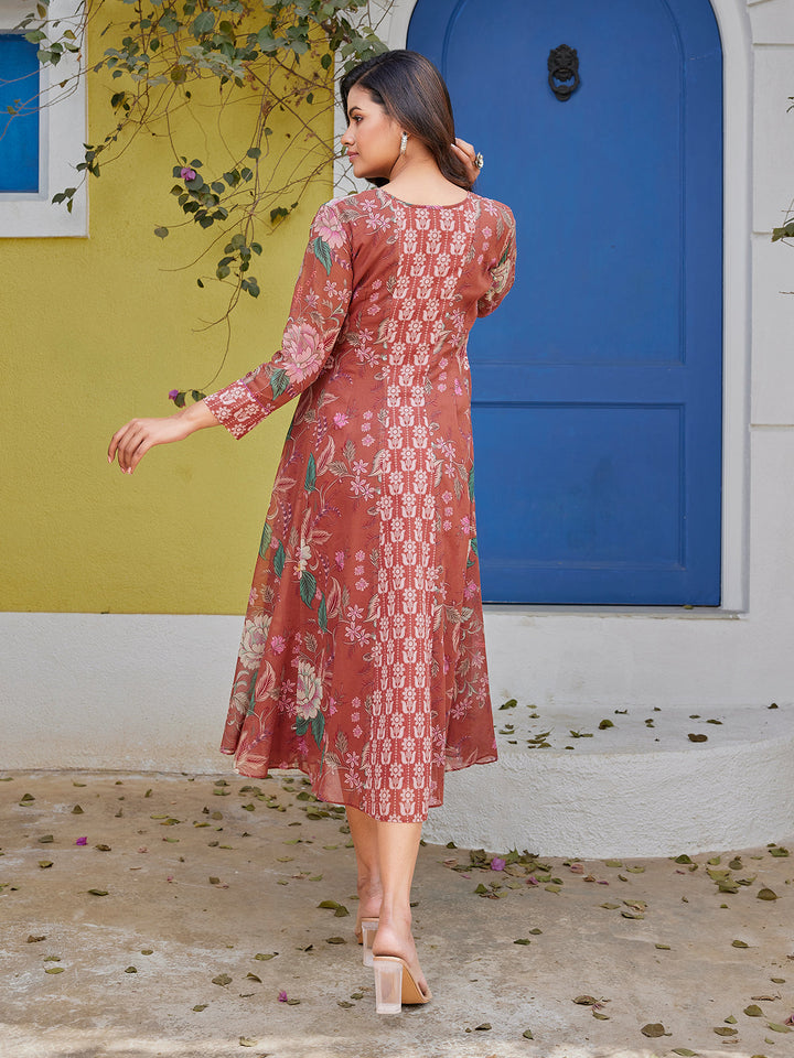 Rust Floral Cotton Midi-Dress