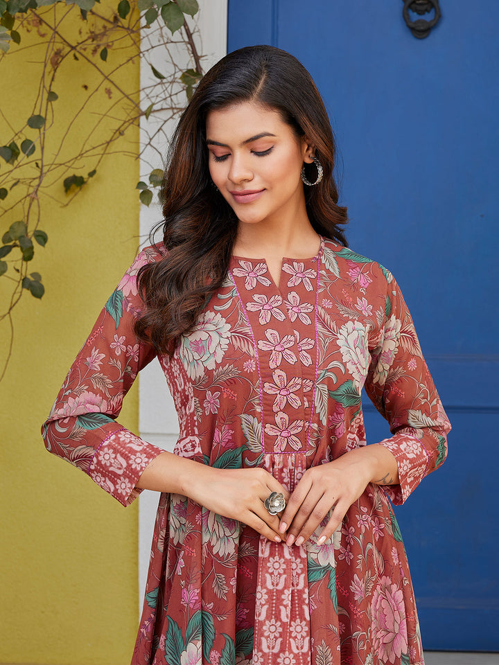 Rust Floral Cotton Midi-Dress