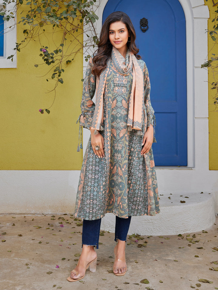 Grey Floral Cotton Midi-Dress