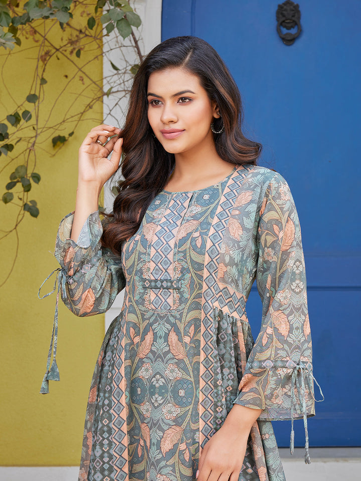 Grey Floral Cotton Midi-Dress
