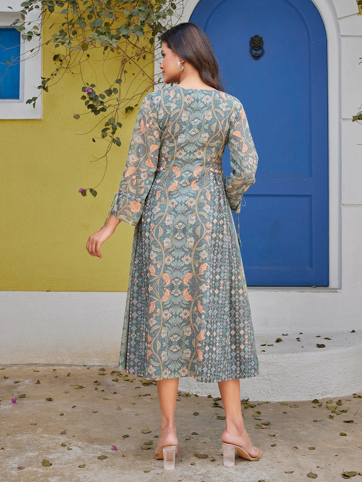 Grey Floral Cotton Midi-Dress