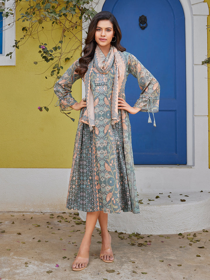 Grey Floral Cotton Midi-Dress
