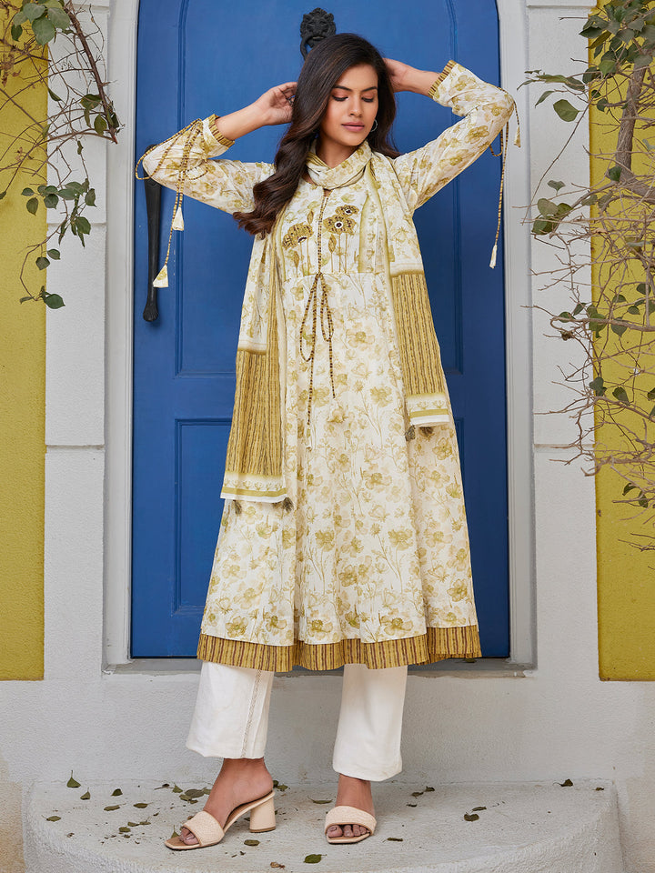 Ivory Floral Cotton Midi-Dress