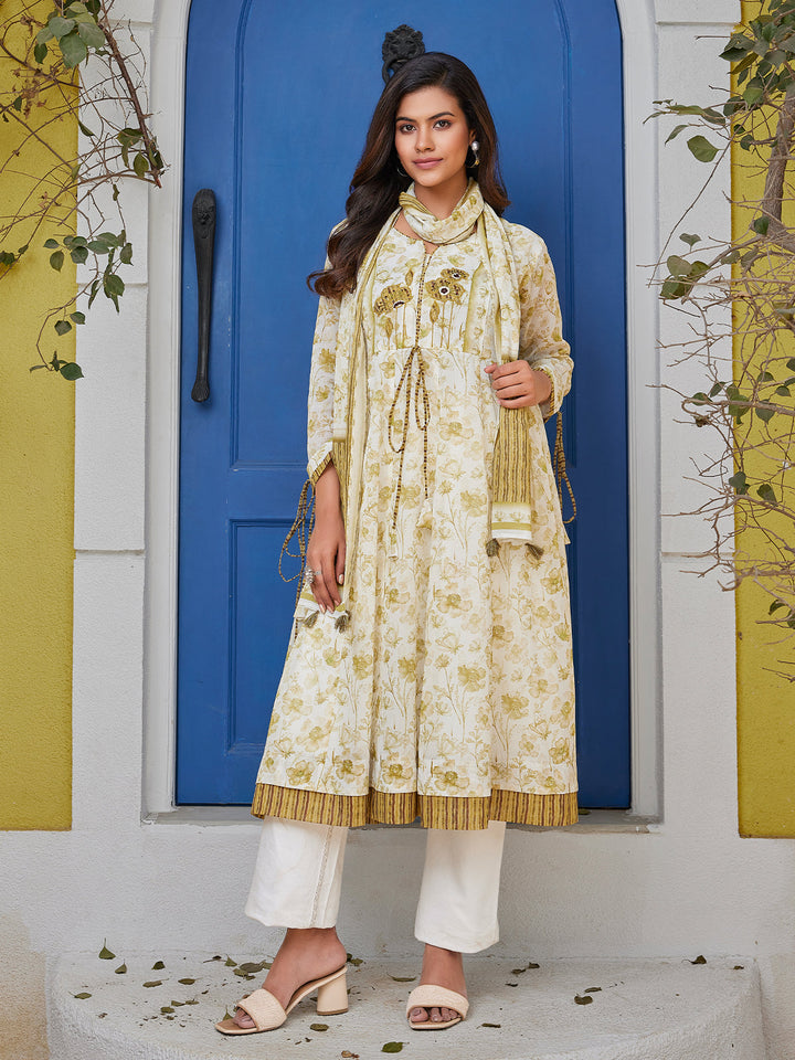 Ivory Floral Cotton Midi-Dress
