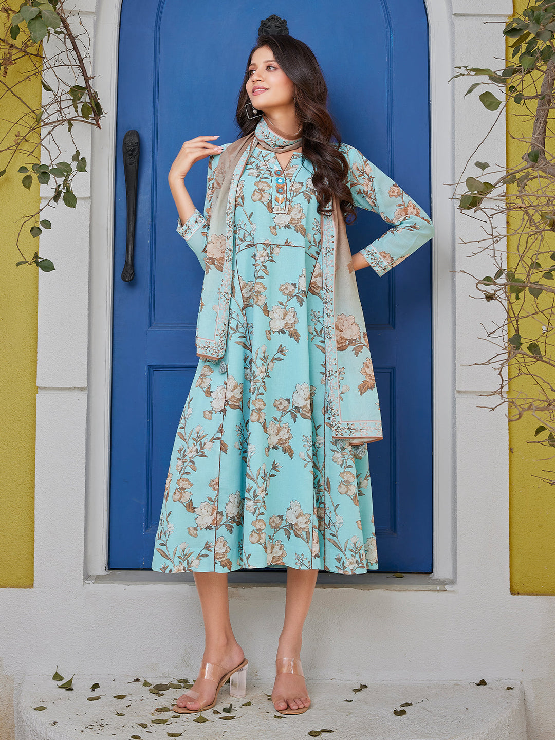Soft Blue Floral Cotton Midi-Dress Dressline Fashion Soft Blue Floral Cotton Midi-Dress Dressline Fashion
