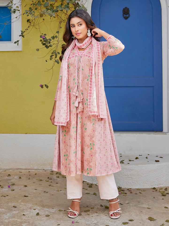Soft Pink Floral Cotton Midi-Dress