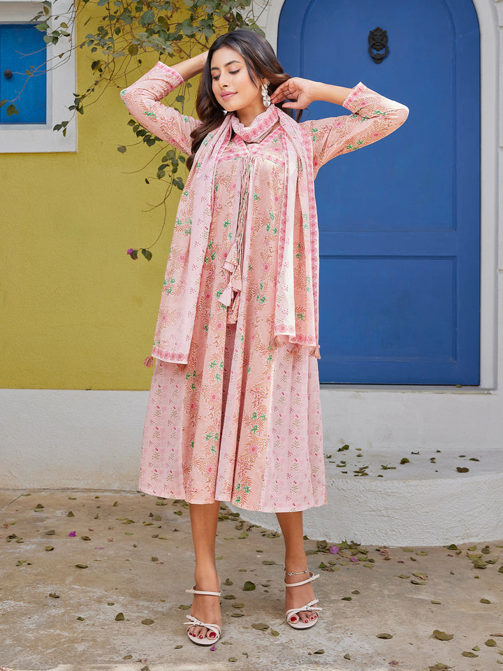 Soft Pink Floral Cotton Midi-Dress