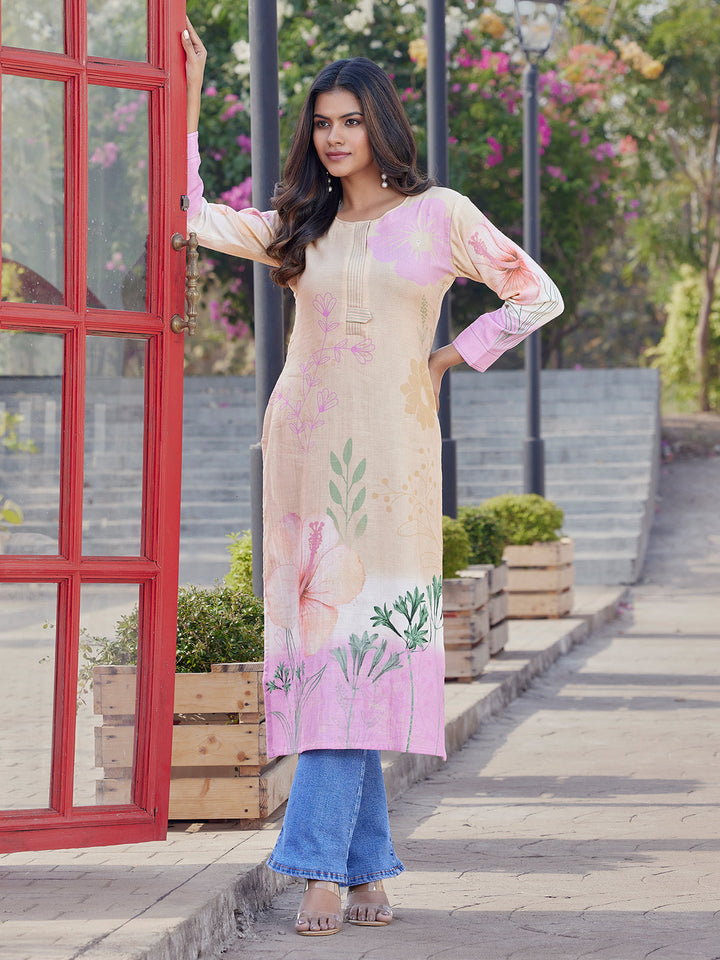 Blush Tone Floral Print Cotton Kurti