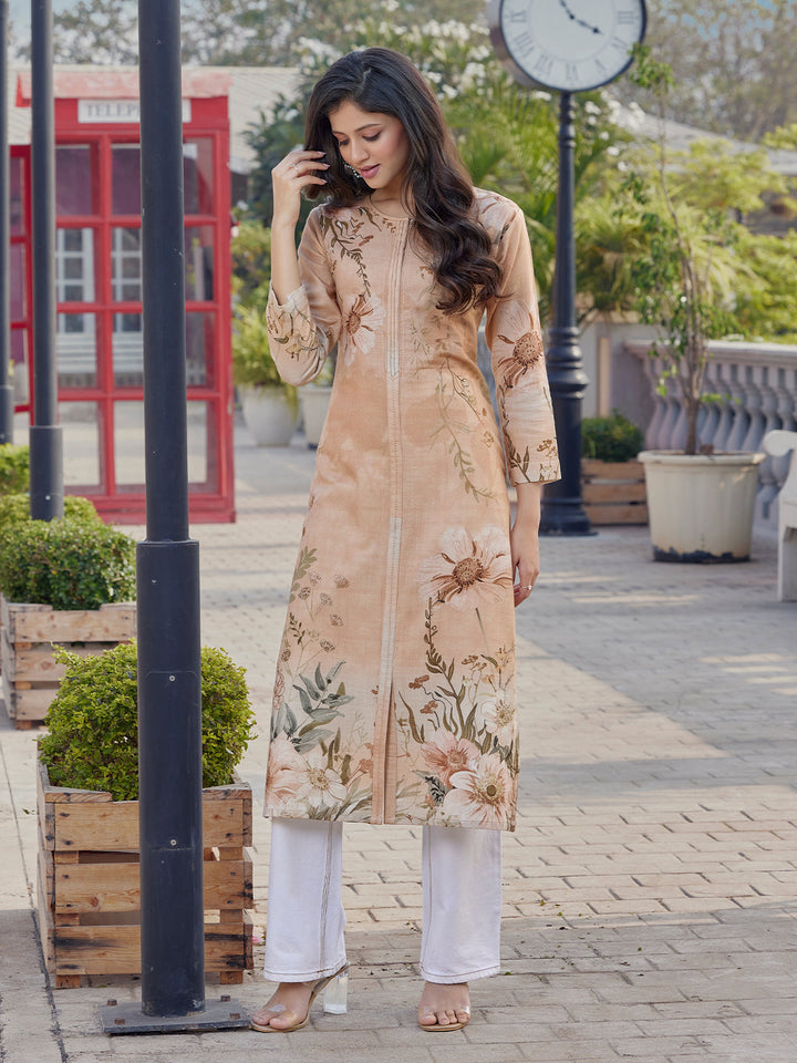 Warm Beige Floral Print Cotton Kurti