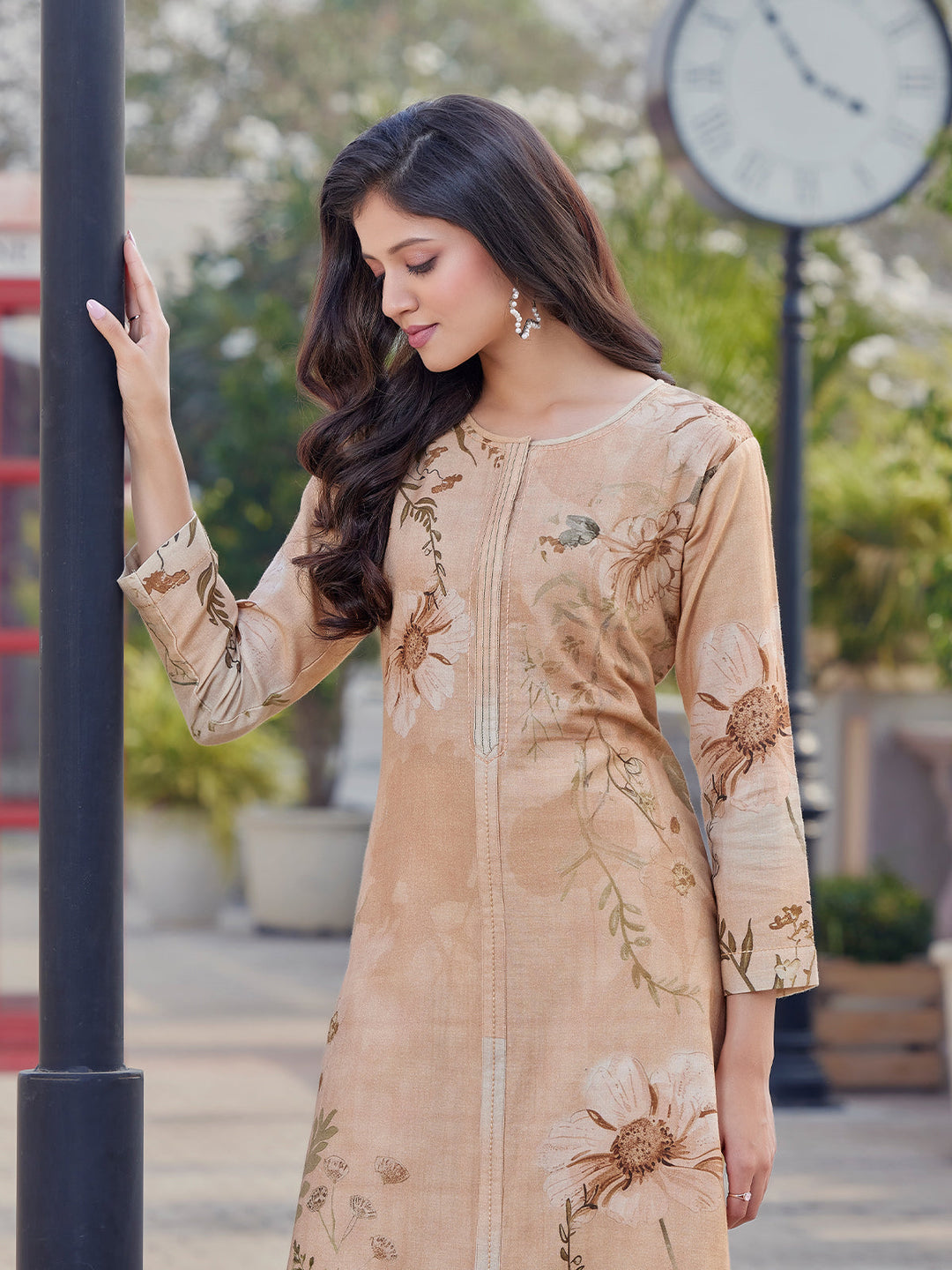 Warm Beige Floral Print Cotton Kurti