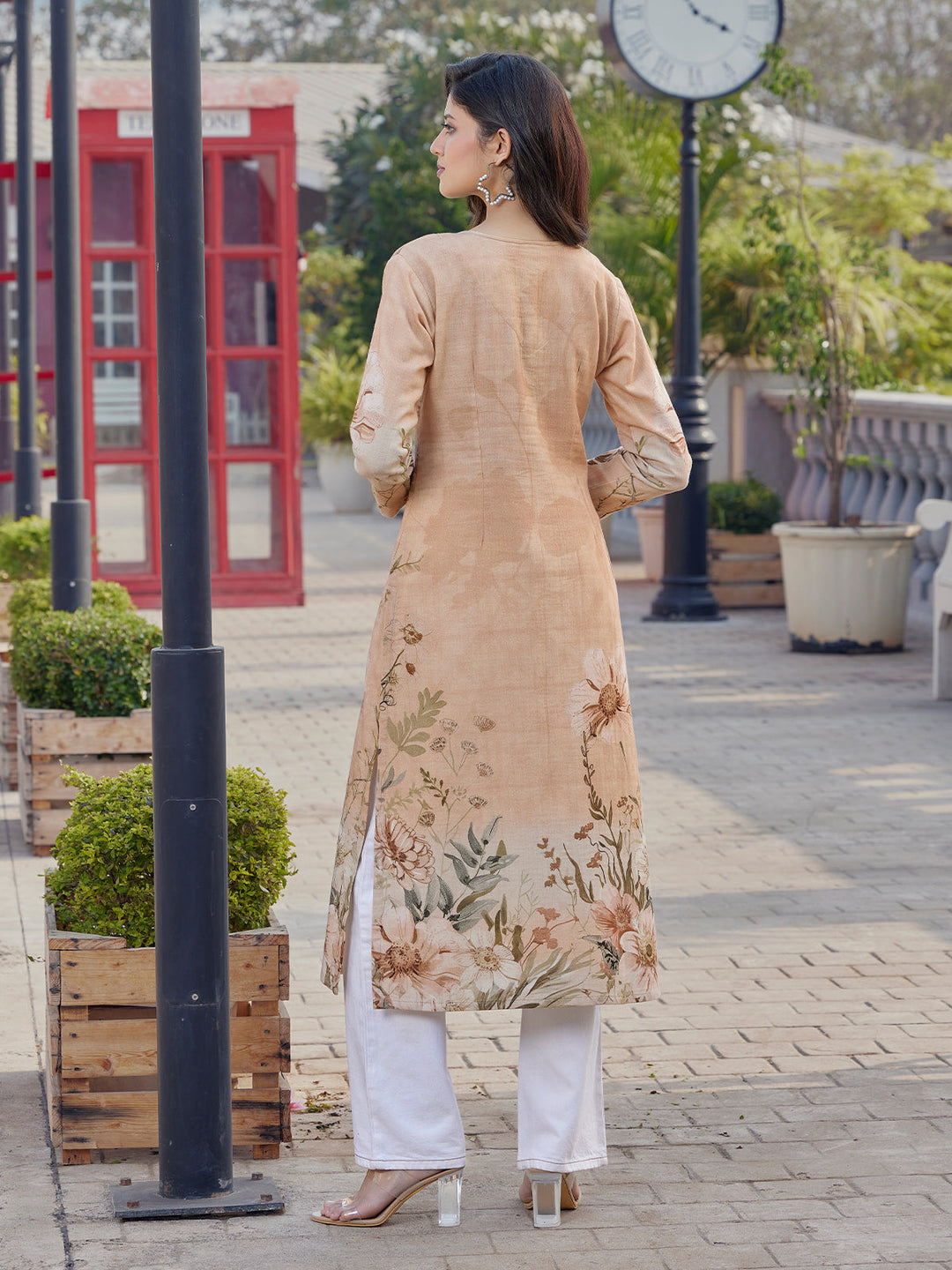 Warm Beige Floral Print Cotton Kurti