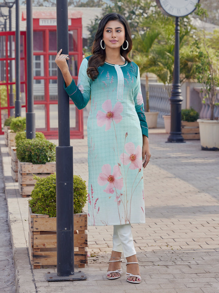 Blue Hue Floral Print Cotton Kurti