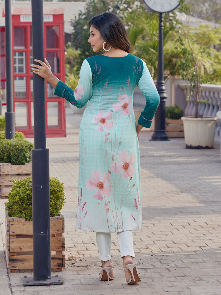 Blue Hue Floral Print Cotton Kurti