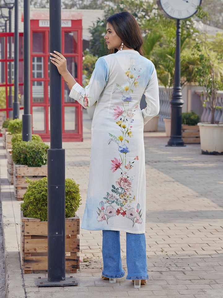 Ivory Floral Print Cotton Kurti