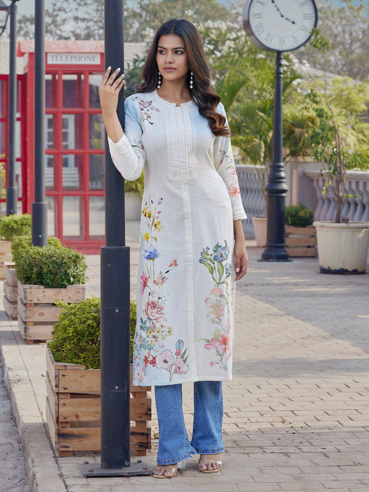 Ivory Floral Print Cotton Kurti
