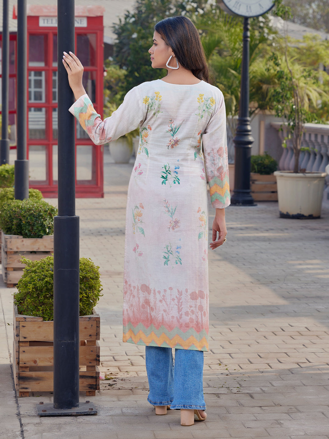 Ivory Floral Print Cotton Kurti