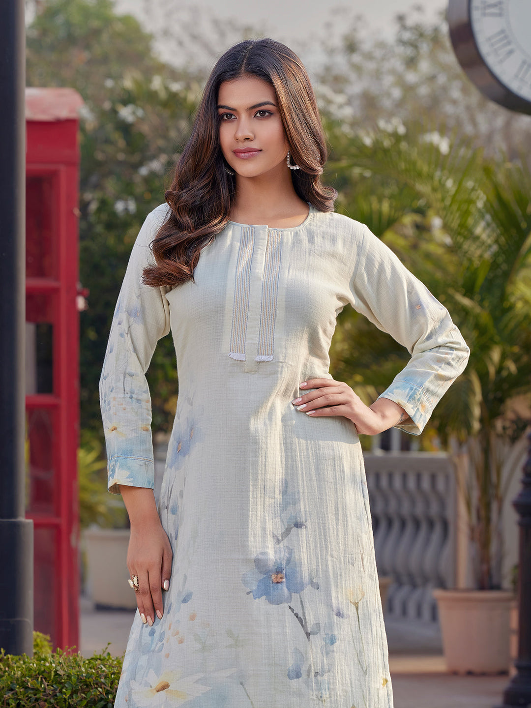 Ivory Floral Print Cotton Kurti