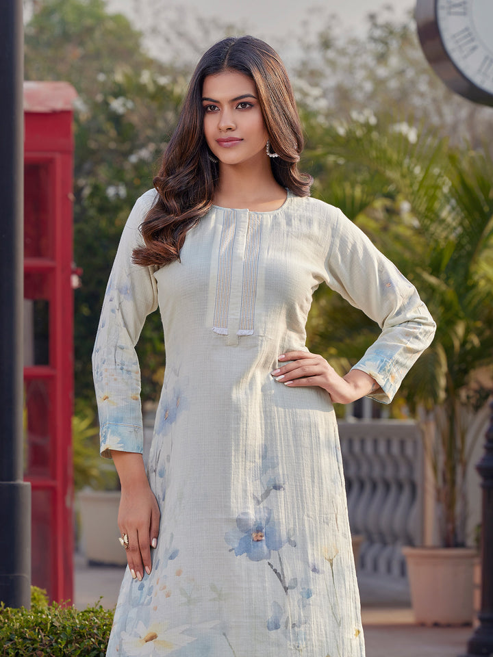 Ivory Floral Print Cotton Kurti