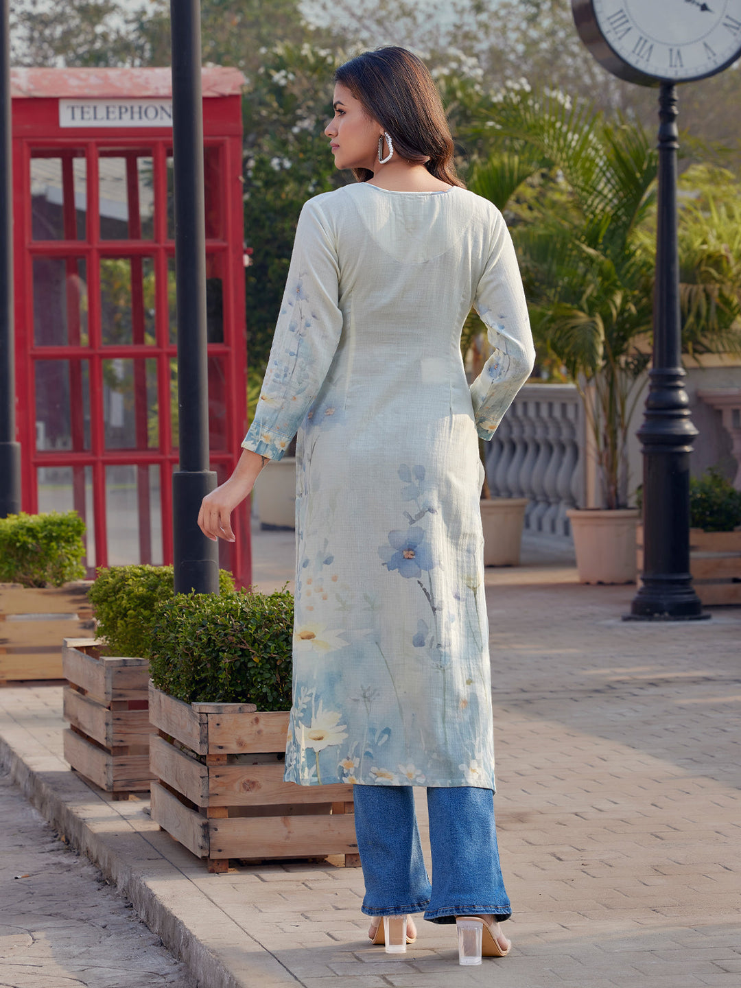 Ivory Floral Print Cotton Kurti